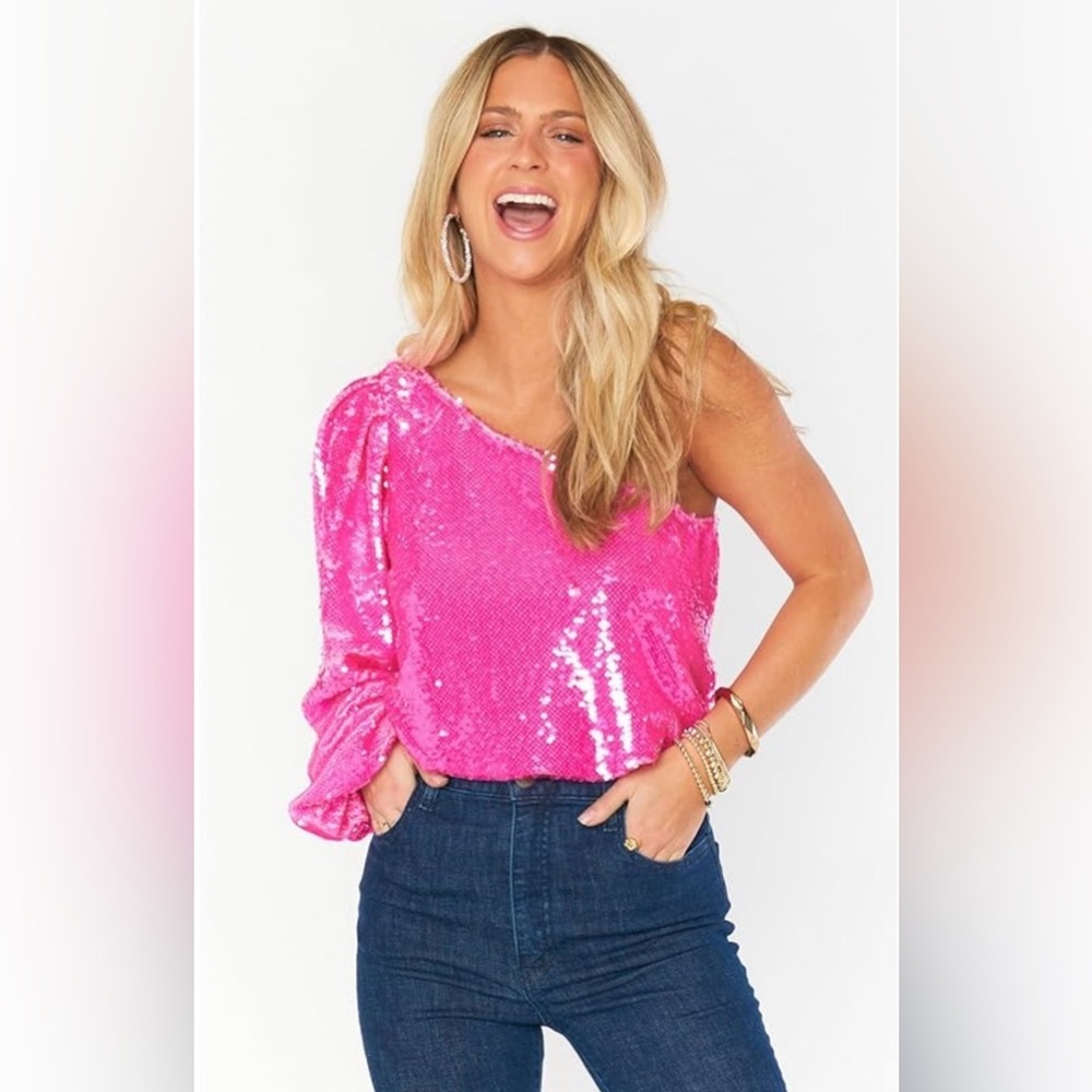 Show Me Your MuMu Hot Pink Sequin One-Shoulder Crop Top